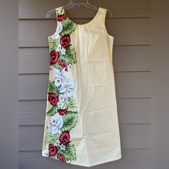 KY's Yellow Tropical Floral Anthurium Orchid Havaiian Midi Tank Dress - Picture 3 of 16